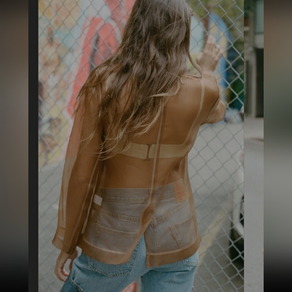 New 0 XS Maryam Nassir Zadeh MNZ Sheer Mesh Blazer Jacket Brown Silk Organza US - Picture 3 of 6